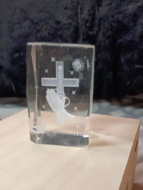 Clear Glass Prayer Crystal Block with White Etched Cross